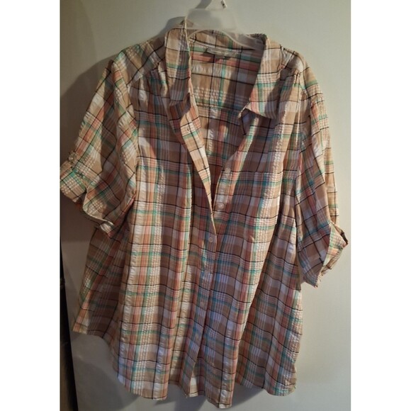Woman Within Multicolor Plaid Short Roll Tab Sleeve Button Up Blouse Sz 26/28 - Picture 1 of 3